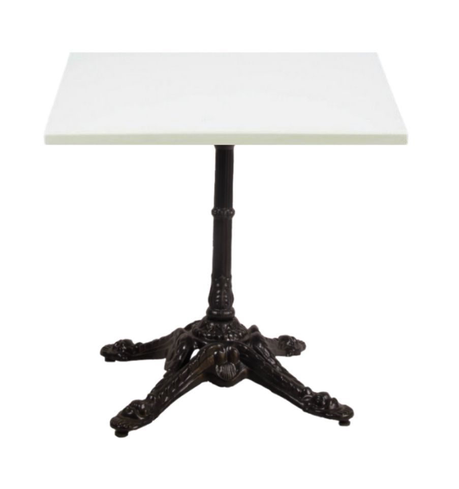 Una mesa blanca con una base negra sobre un fondo blanco