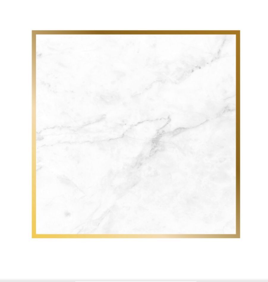 Una mesa pequeña con tapa de mármol y base negra sobre fondo blanco.