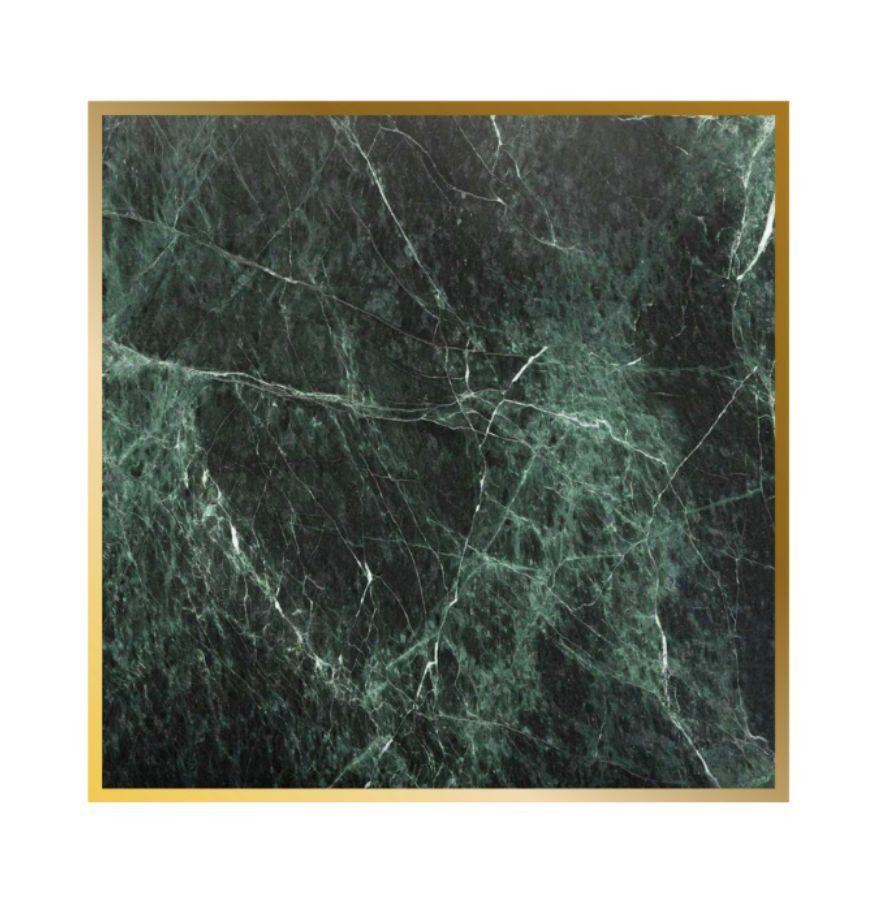 Una mesa pequeña con tapa de mármol verde y base negra.