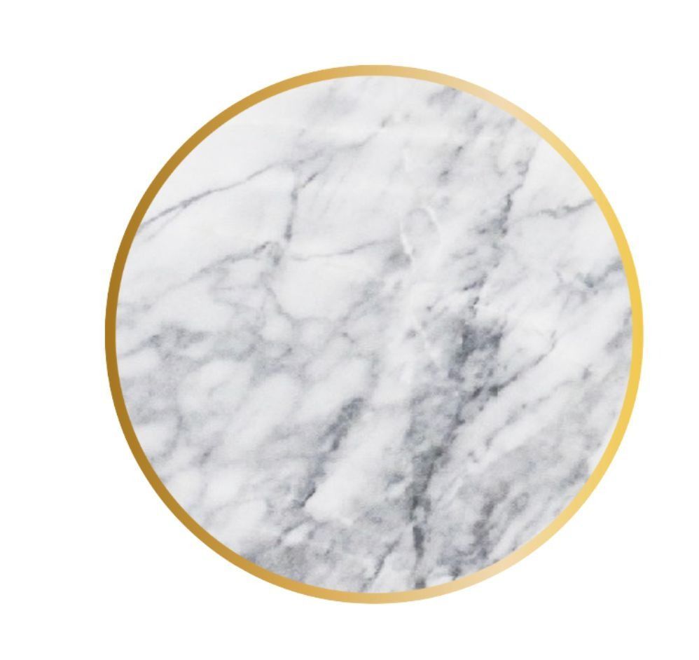 Una mesa redonda con tapa de mármol y base negra.