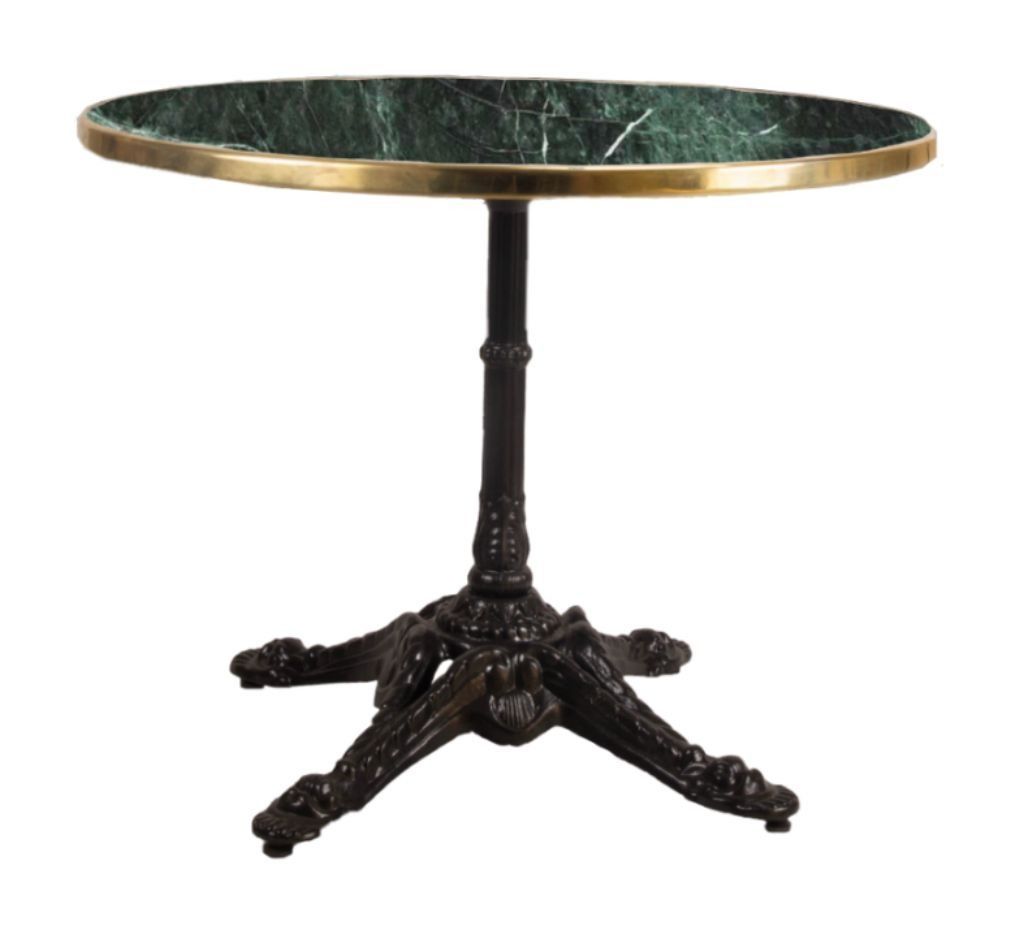 Una mesa redonda con tapa de mármol verde y base negra.