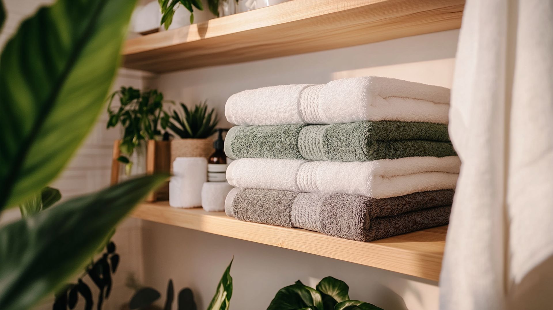 Étagère en bois contenant des serviettes pliées blanches, vertes et grises, avec des plantes au premier plan et à l'arrière-plan.
