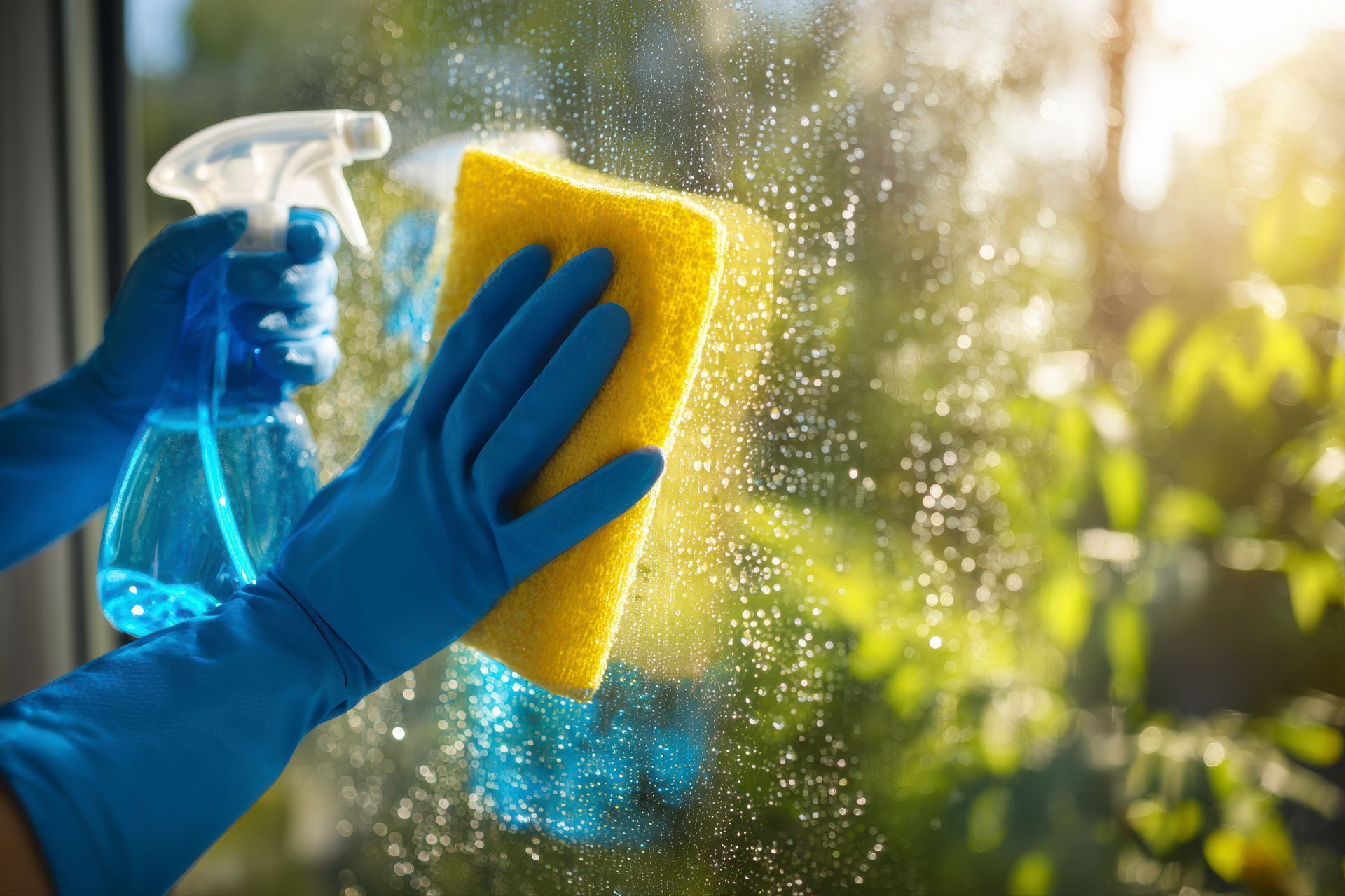 Des mains gantées de bleus nettoient une vitre avec un vaporisateur et une éponge jaune.