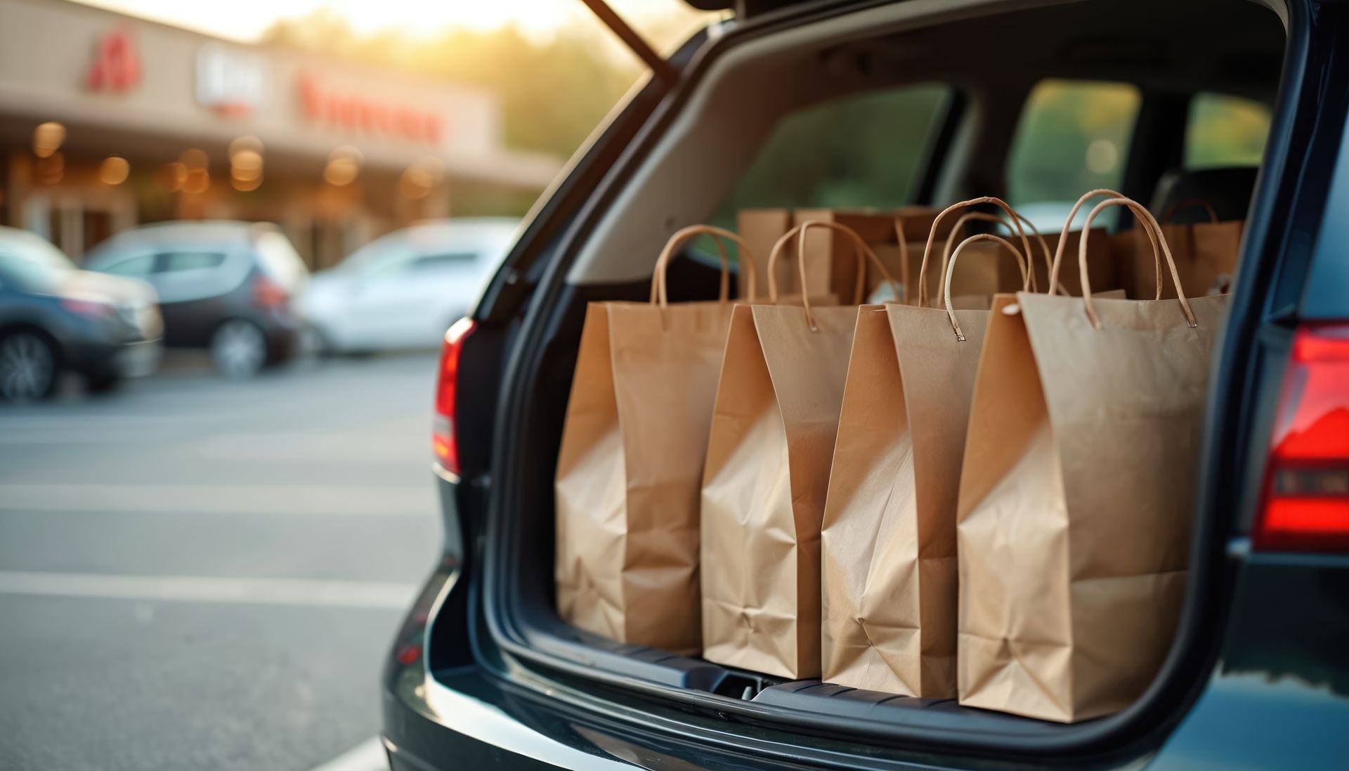 Des sacs d'épicerie en papier dans le coffre d'une voiture sur le parking d'un magasin.