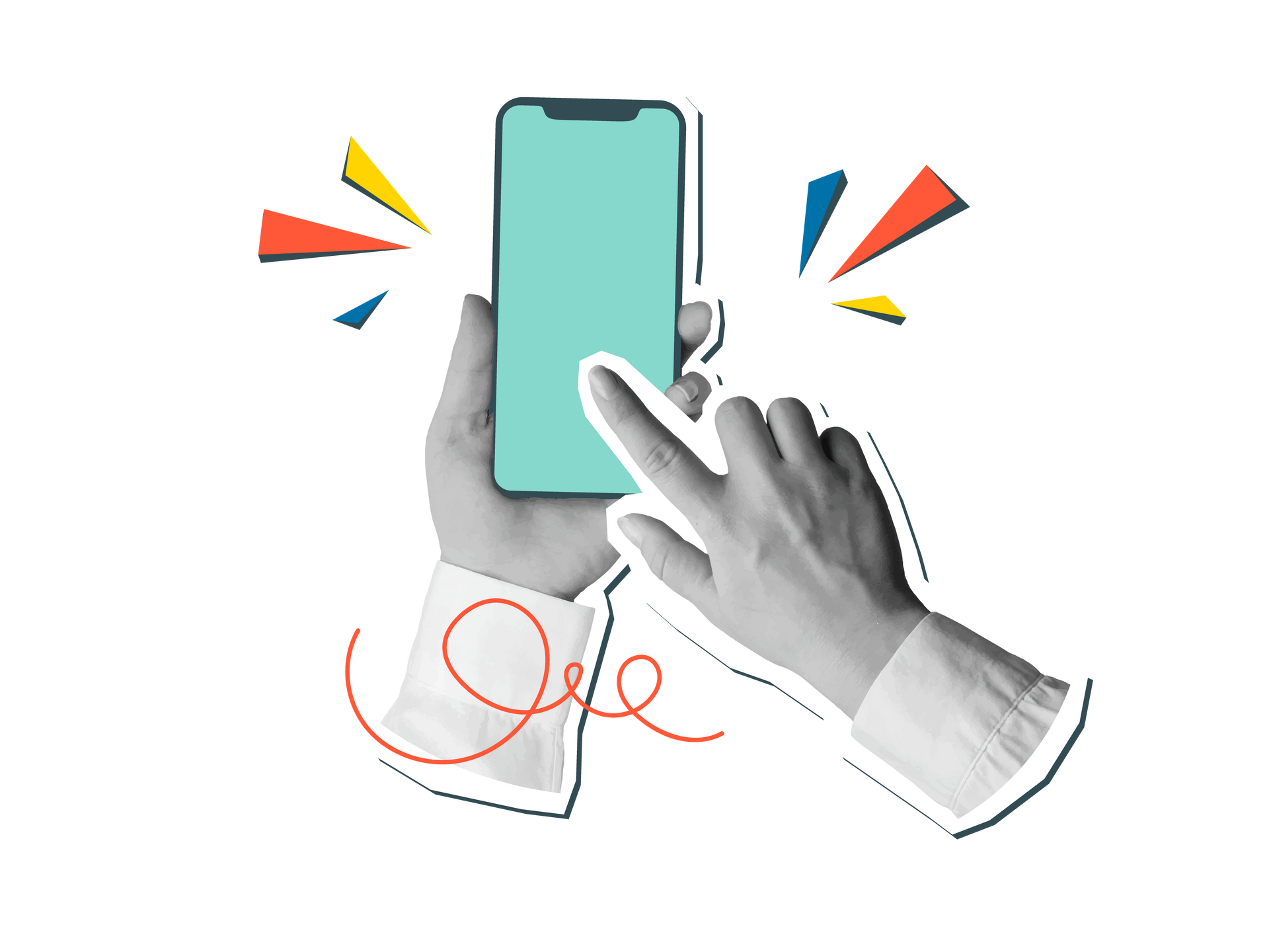 Main tenant un smartphone, écran tactile, rayons colorés et spirale rouge en accent.