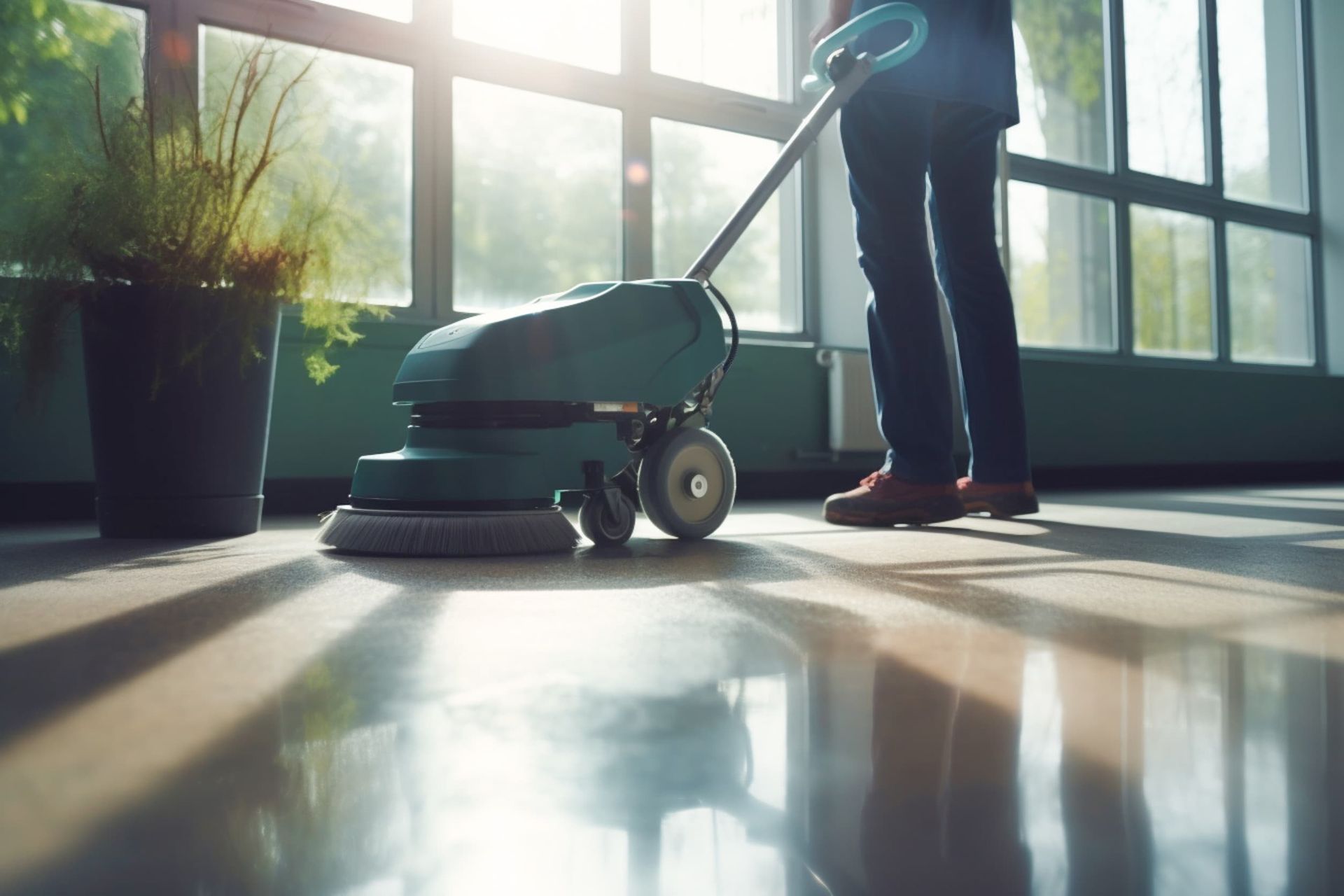 Una persona usa un limpiador de pisos en un interior soleado. El piso está pulido. Se ve una planta en maceta.