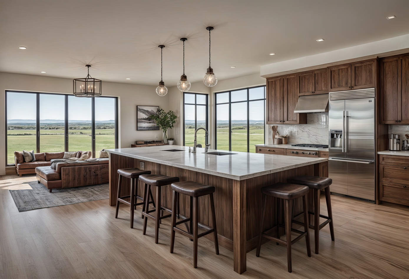 Il y a un grand îlot au milieu de la cuisine.