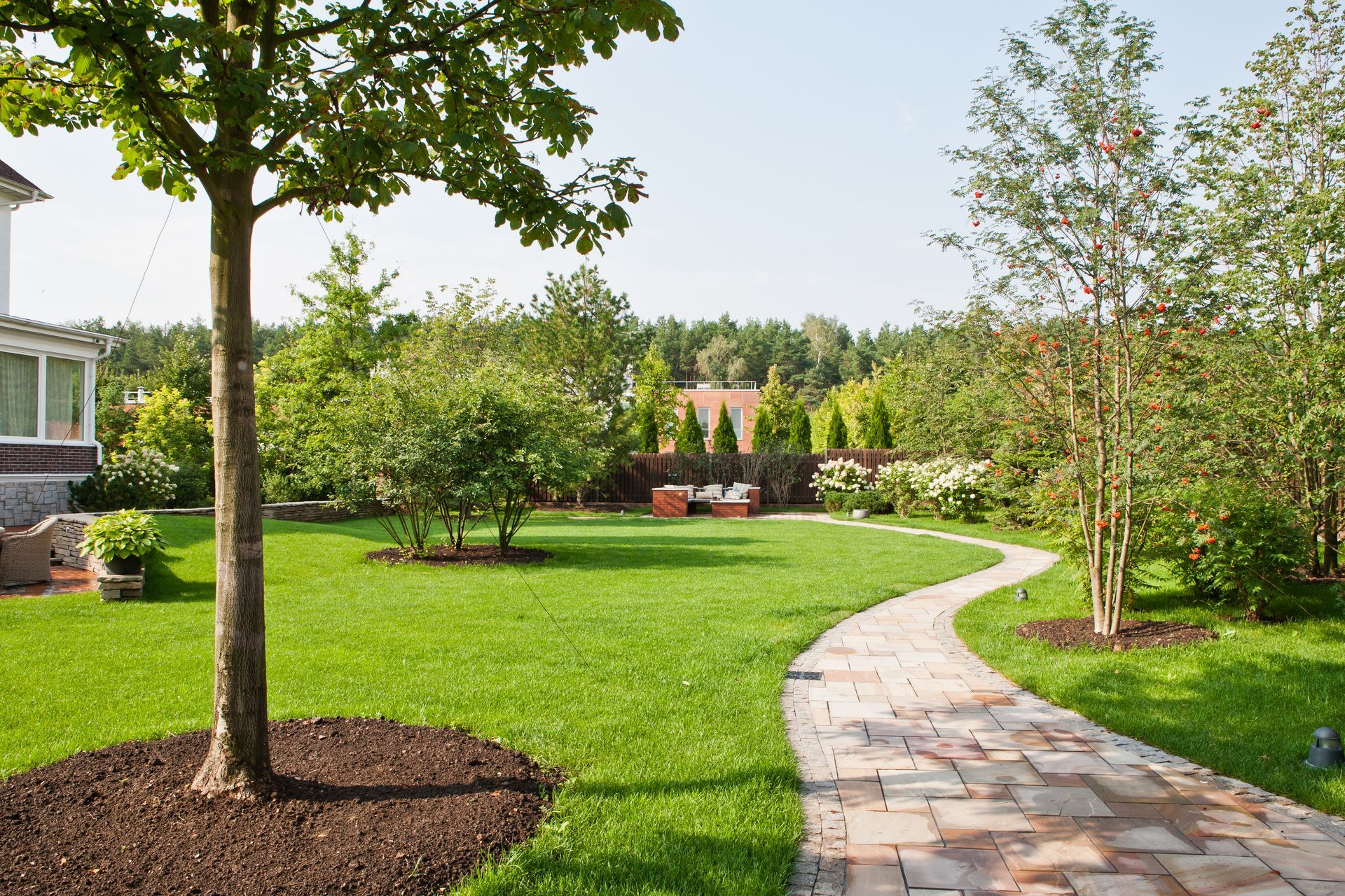 Jardin paysager ensoleillé avec pelouse verte, arbres et un chemin de pierre sinueux.