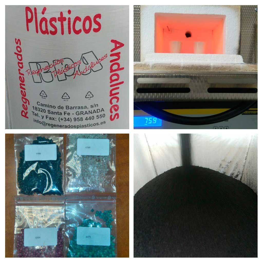 Un collage de fotos muestra una caja que dice plasticos