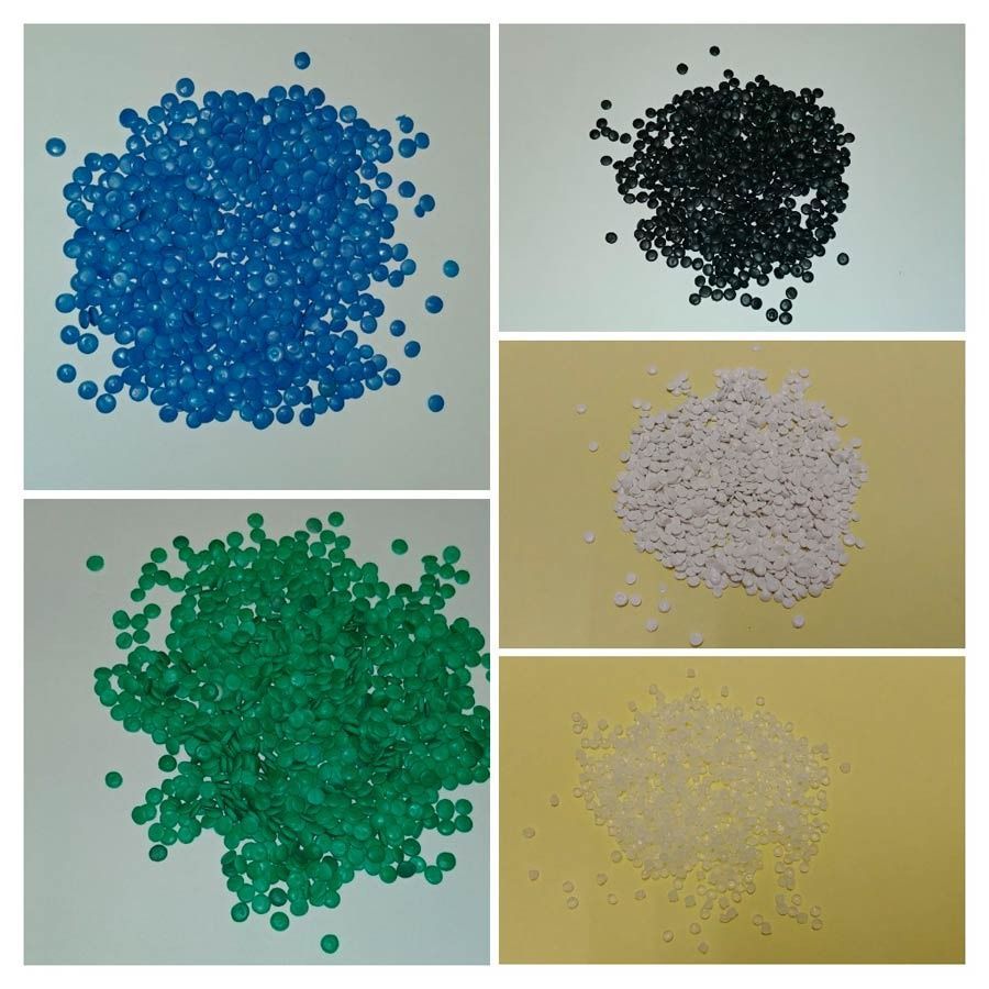 Un collage de cuatro imágenes de cuentas de plástico de diferentes colores.