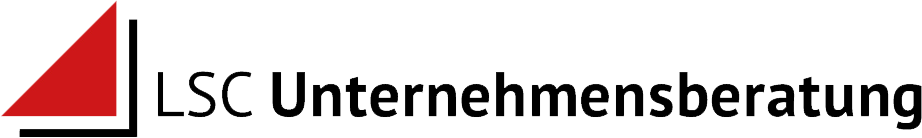 Logo der LSC Unternehmensberatung mit rot-schwarzem geometrischem Symbol und schwarzem Text auf wei&szlig;em Hintergrund