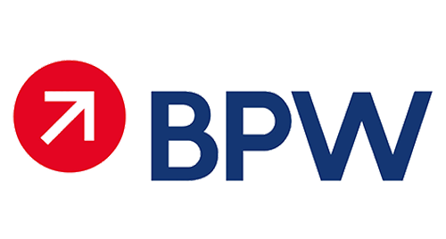 BPW-Logo in Blau mit rotem Kreis und weißem Pfeil