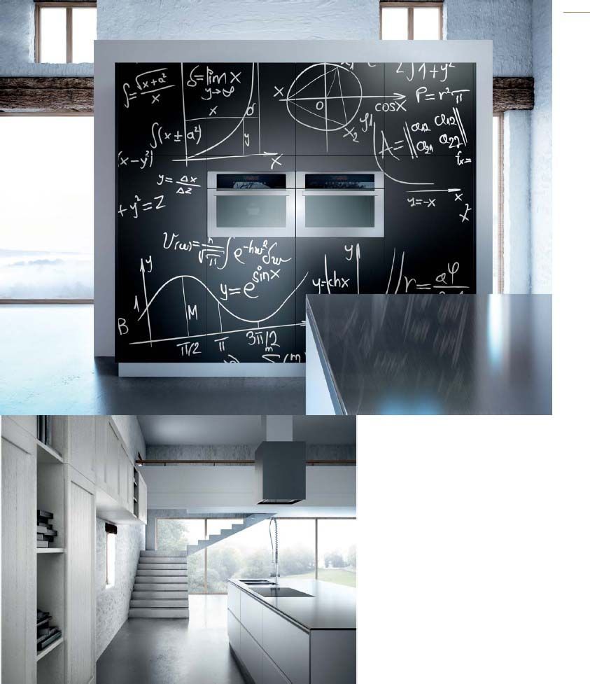 Una cocina con una pizarra con ecuaciones matemáticas.