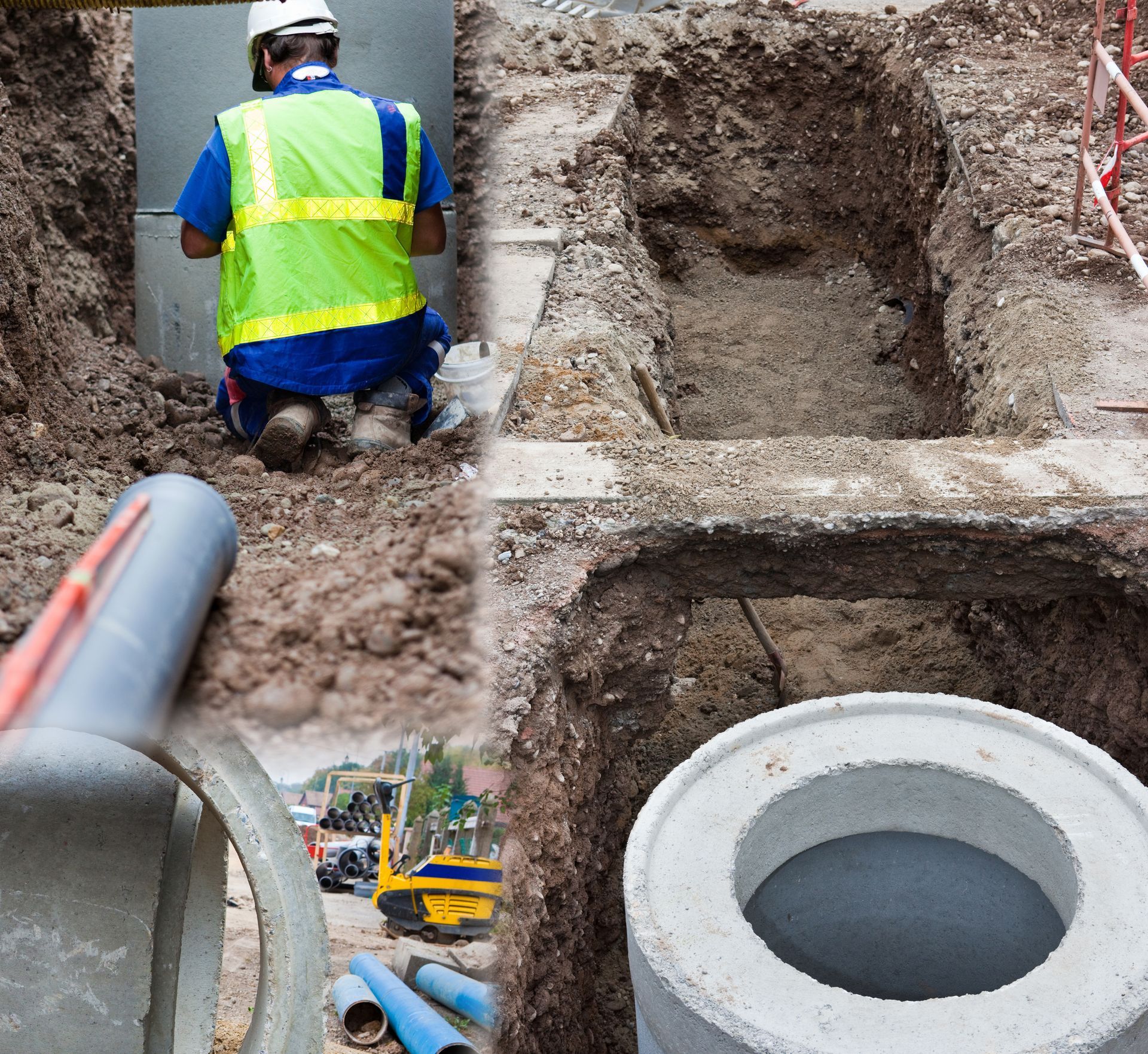 Ouvrier du bâtiment dans une tranchée avec des anneaux et des tuyaux en béton, scène de travaux routiers.