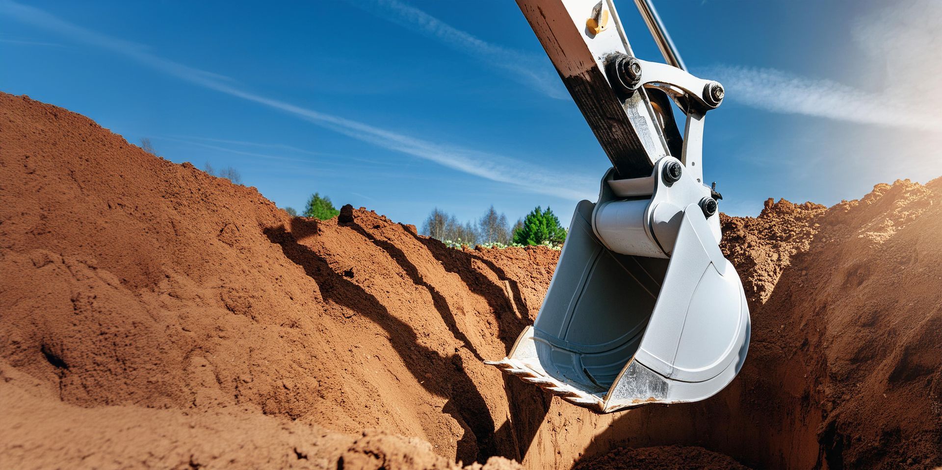Sous un ciel bleu, le godet d'une excavatrice creuse la terre, des tas de terre se dressant de part et d'autre.