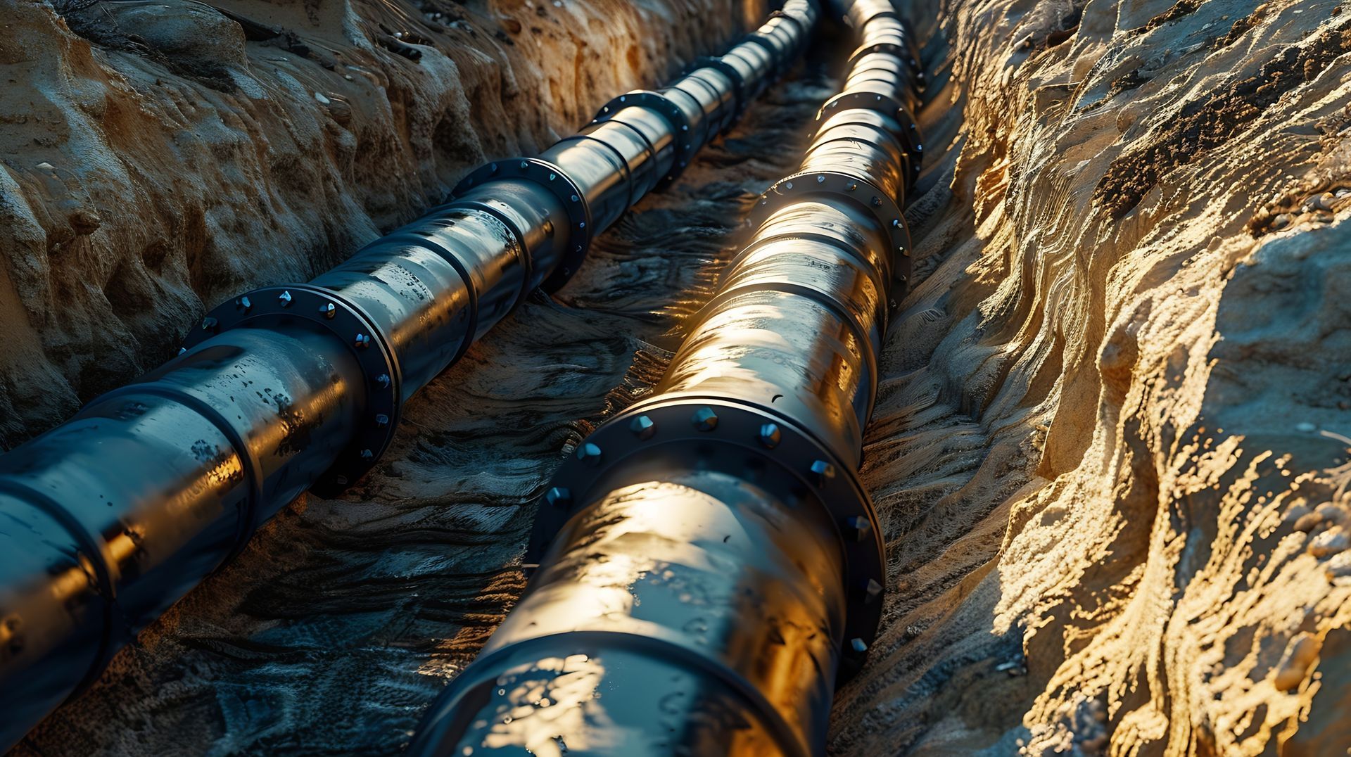 Deux canalisations noires parallèles dans une tranchée, avec des raccords boulonnés, entourées de terre couleur sable.