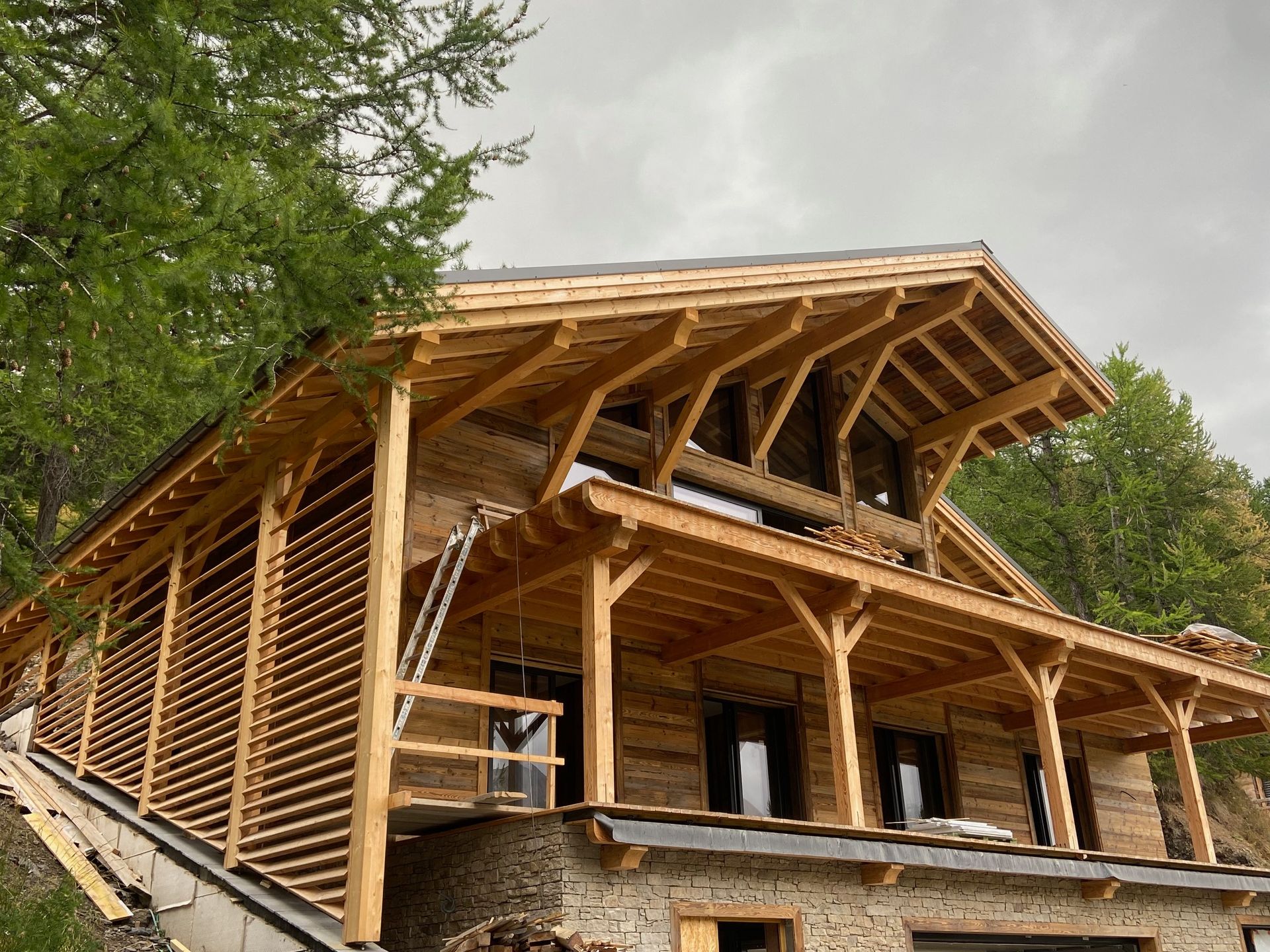 Chalet en bois en construction, avec charpente apparente et toit à pignon, entourée d'arbres