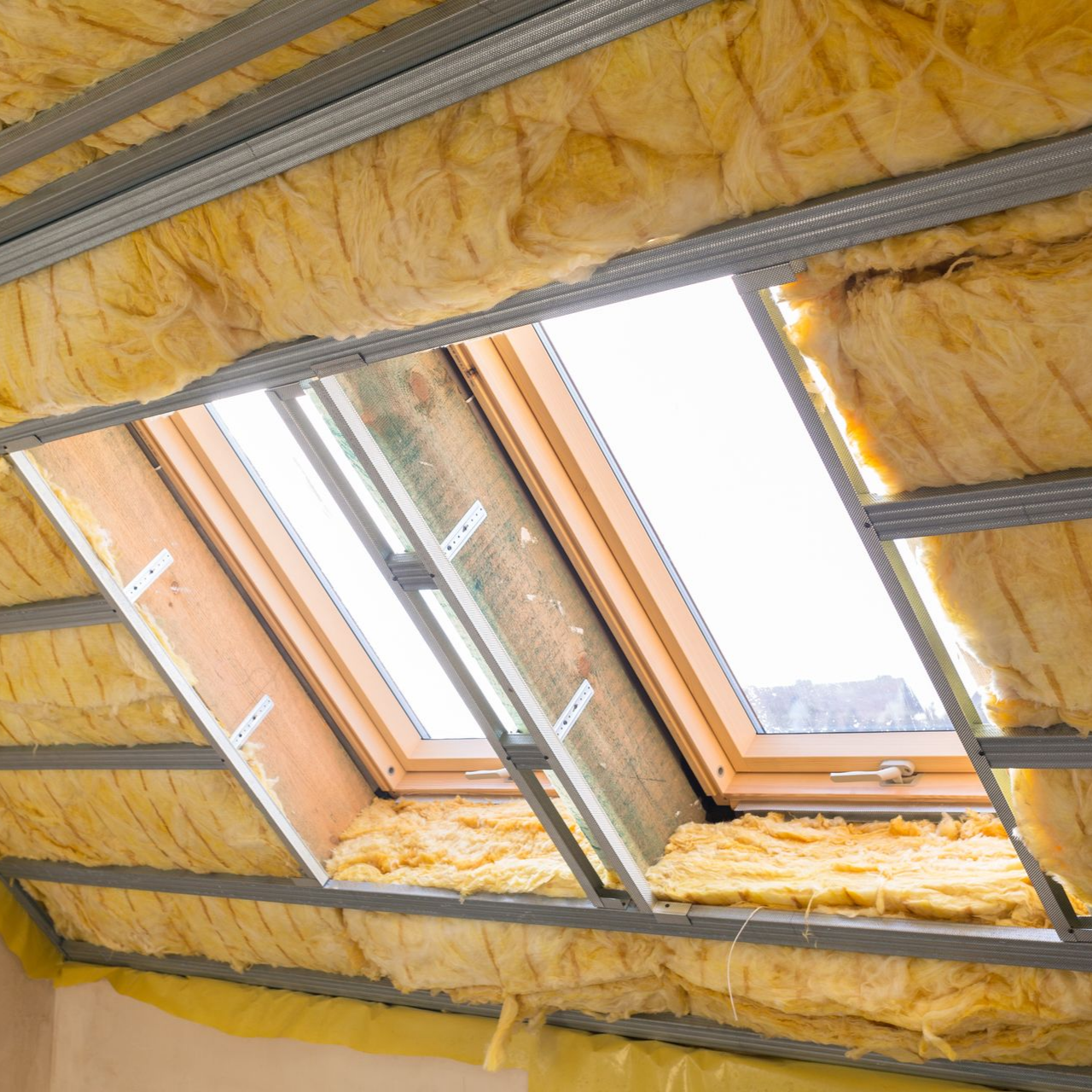 Fenêtre de toit installée dans un plafond avec isolation en fibre de verre jaune.