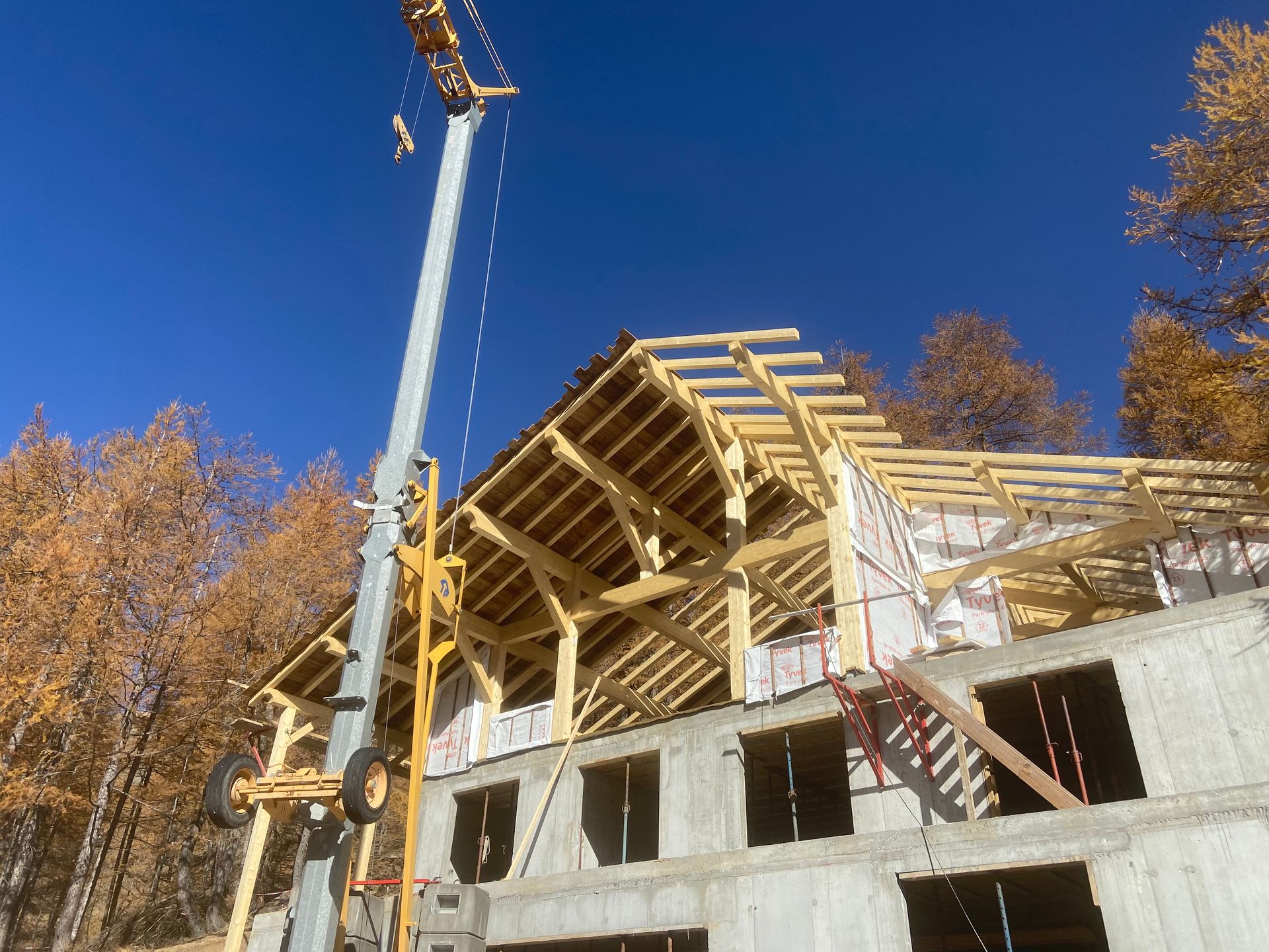 Une haute grue se dresse à côté d'une structure en bois en construction