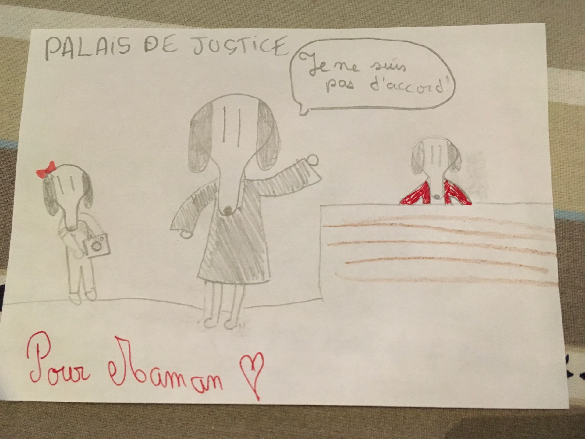 Croquis d'enfant représentant une salle d'audience avec un juge, deux personnes et une bulle de dialogue.