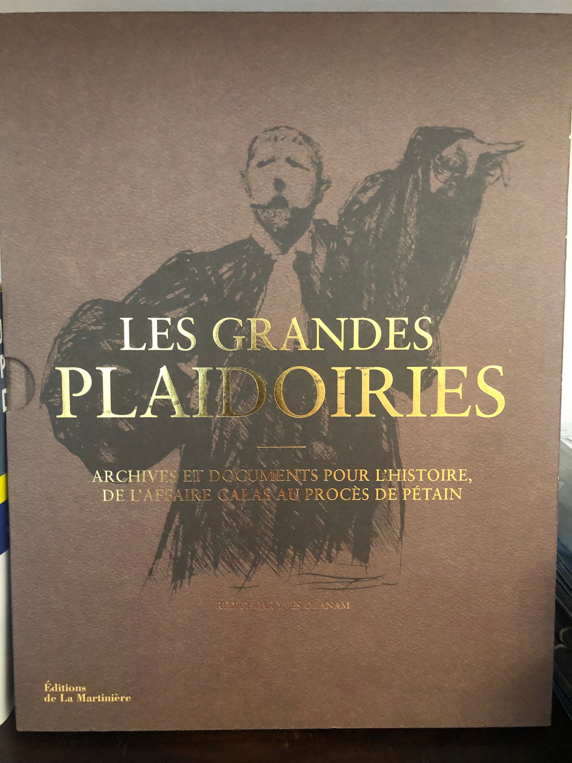 Couverture du livre portant l'inscription LES GRANDES PLAIDOIRIES en lettres dorées sur fond brun, avec un croquis d'un homme.