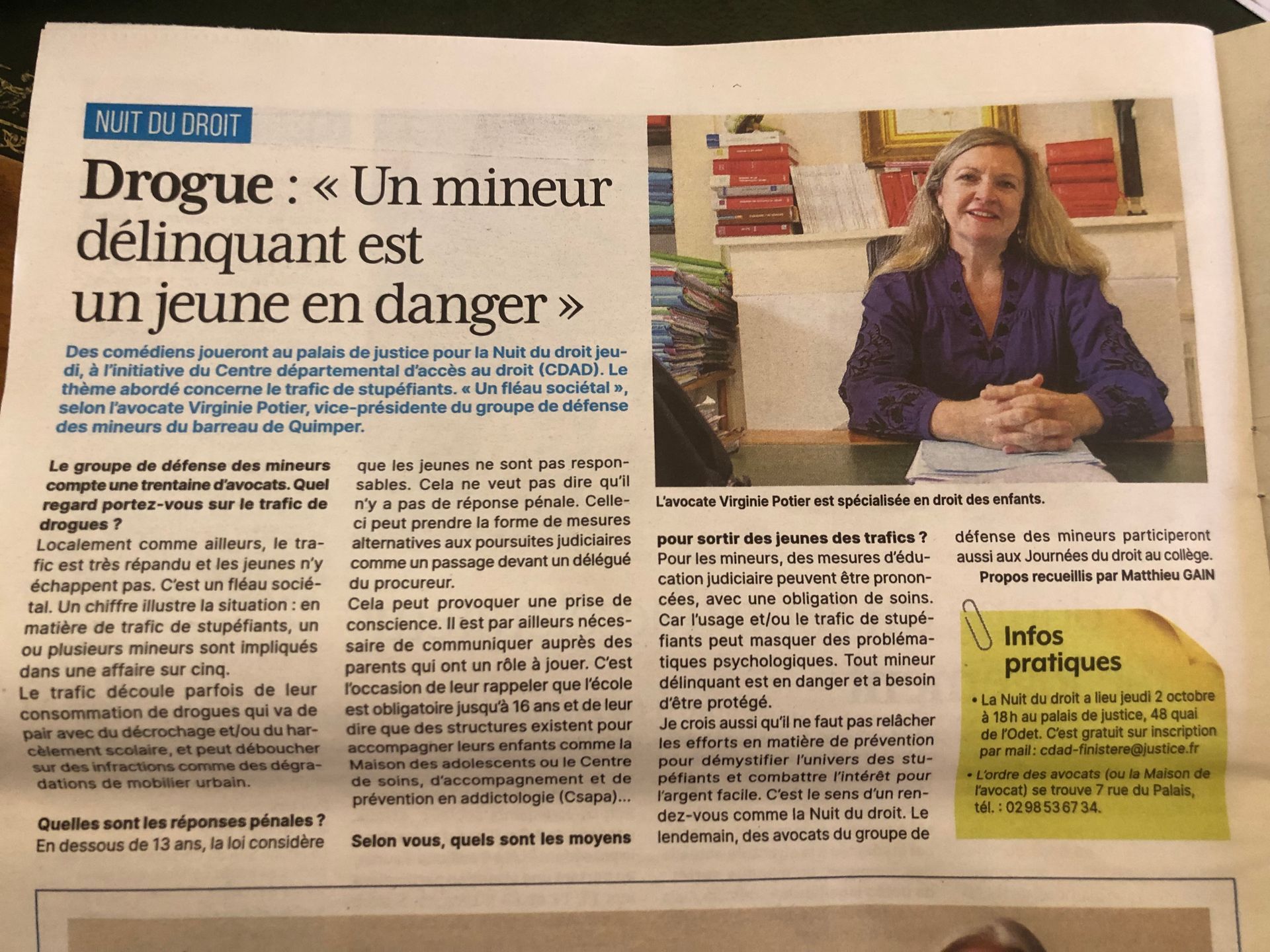 Article de journal français sur la délinquance juvénile, avec la photo d'une femme en regard du texte.