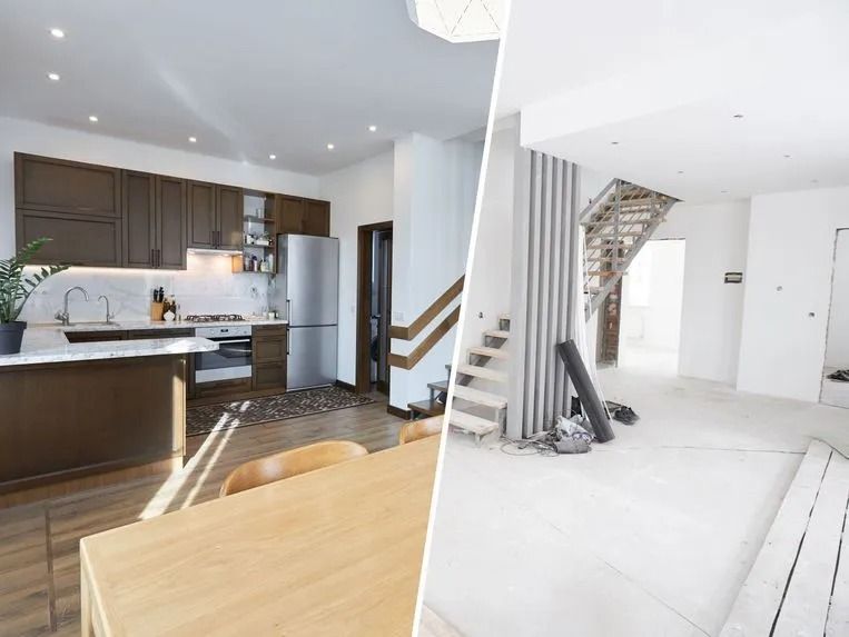 Écran partagé montrant à gauche une cuisine moderne en bois foncé et à droite le même espace en cours de travaux.