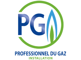 Logo PGA avec lettres bleues, arc et feuille verts, et texte Professionnel du Gaz
