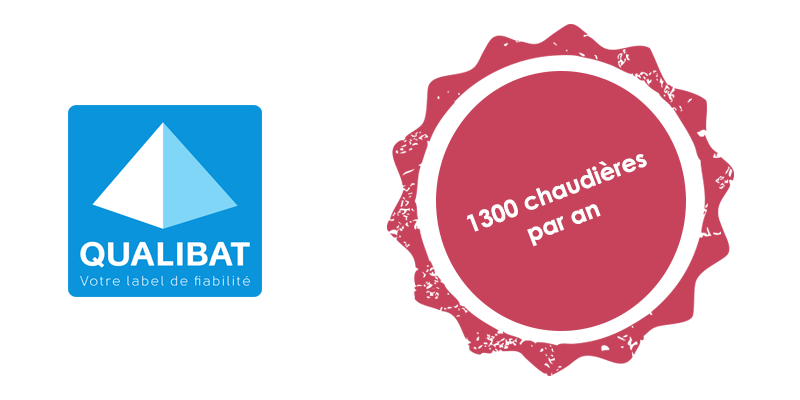 Logo QUALIBAT à côté d'un sceau rose portant l'inscription 1300 chaudières par an