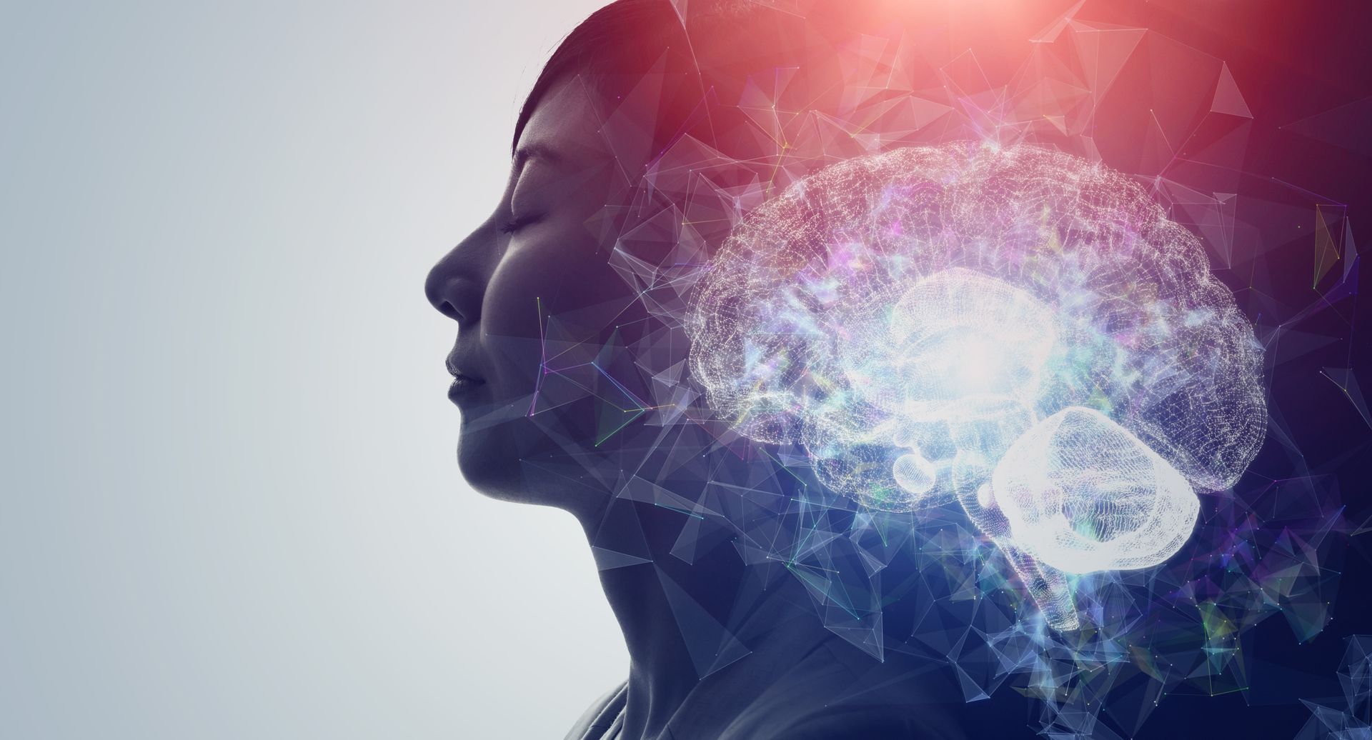 Silhouette d'une personne avec un cerveau numérique lumineux superposé en bleu et rose.