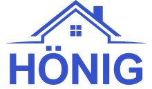 Ein blaues Logo mit einem Haus und dem Wort Honig auf weißem Hintergrund.