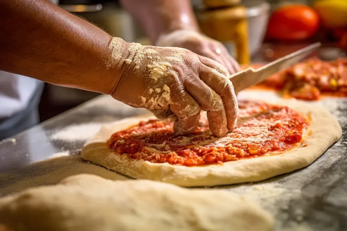 Manos extendiendo salsa de tomate sobre la masa de pizza, con harina e ingredientes sobre la mesa.