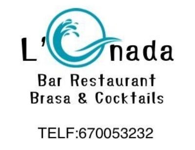 Logotipo para L'Onada Bar Restaurante, con diseño de ondas azules, texto negro y número de teléfono.