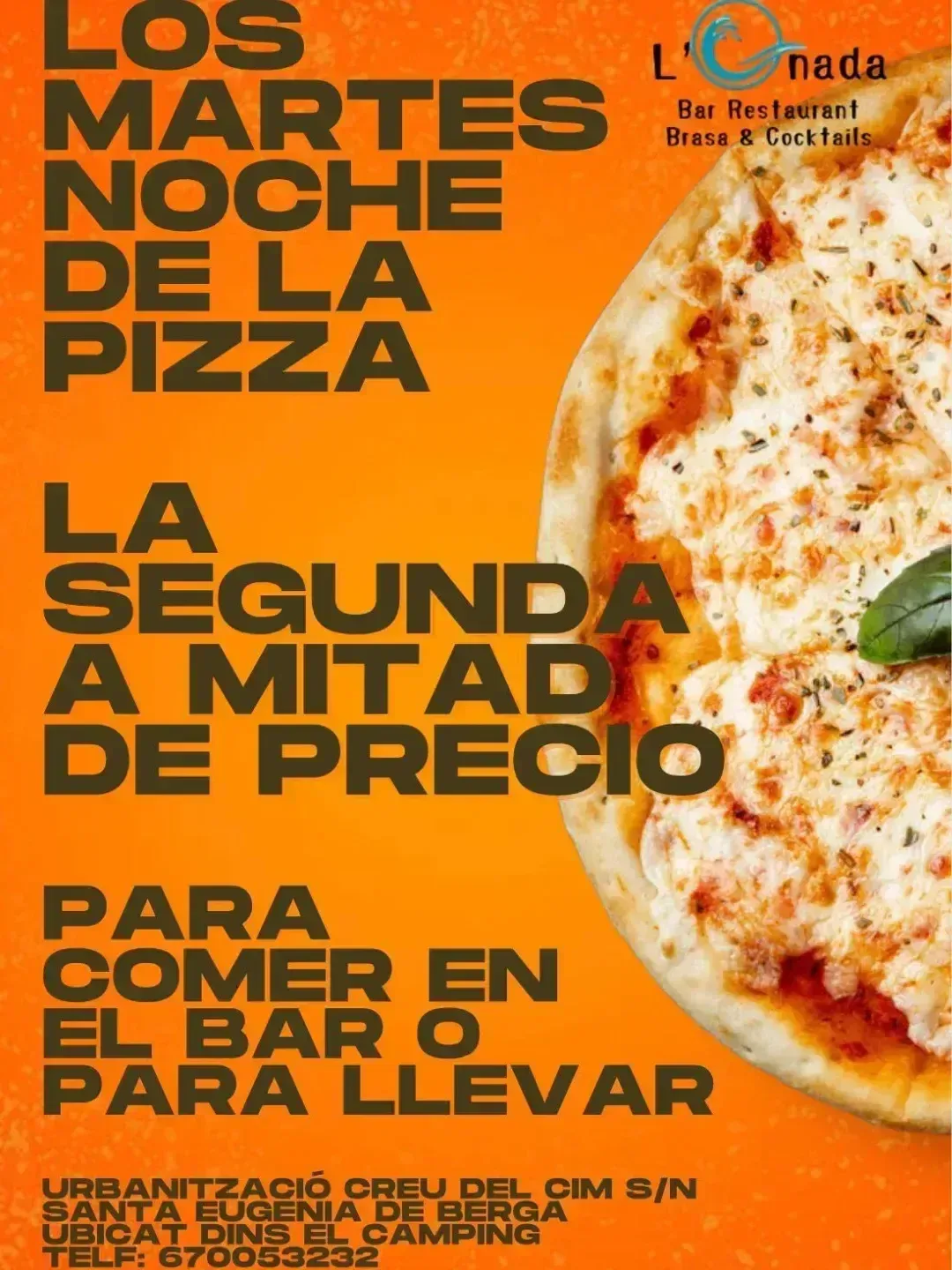 Anuncio de la noche de pizza: Martes noche de pizza, segunda pizza a mitad de precio. Para comer aquí o para llevar.