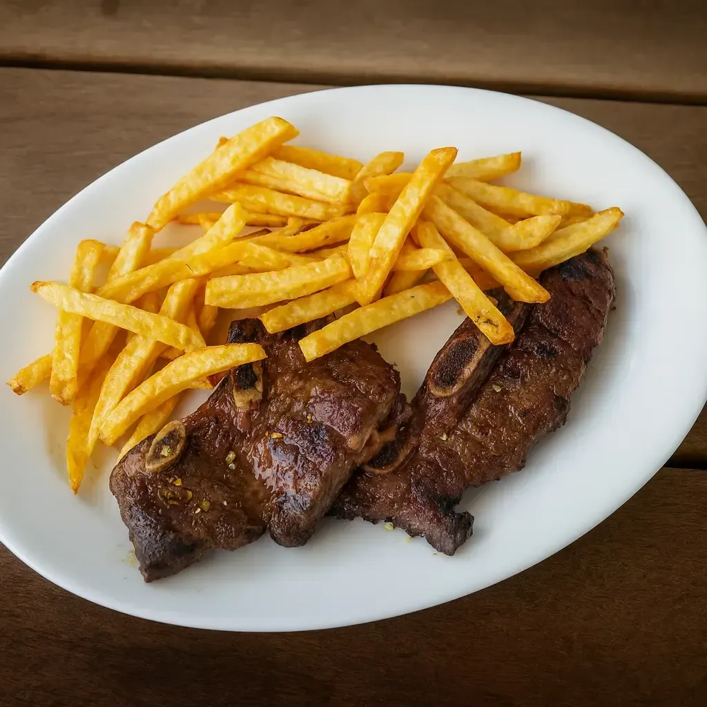 Costillas a la parrilla con patatas fritas en un plato blanco, mesa de madera.