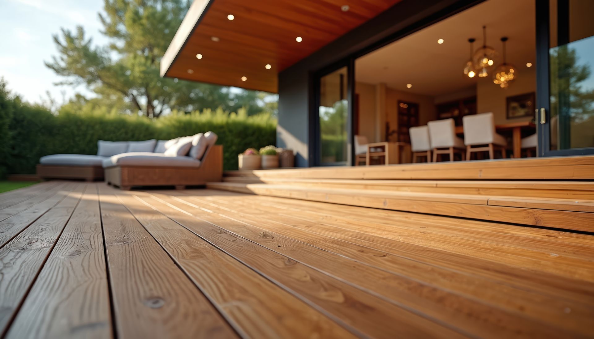 Terrasse en bois jouxtant une maison moderne avec portes coulissantes en verre, coin salon de jardin et douce lumière du soir.