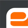 Logotipo abstracto naranja y blanco con una “e” minúscula redondeada sobre un fondo oscuro.