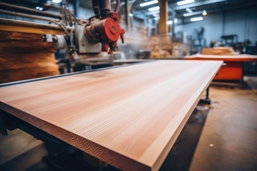 Taller de carpintería con una sierra circular cortando una tabla de madera larga sobre una cinta transportadora.