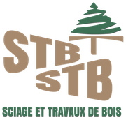 Logo STB en bois brun et vert avec pin stylisé, texte Sciage et travaux de bois