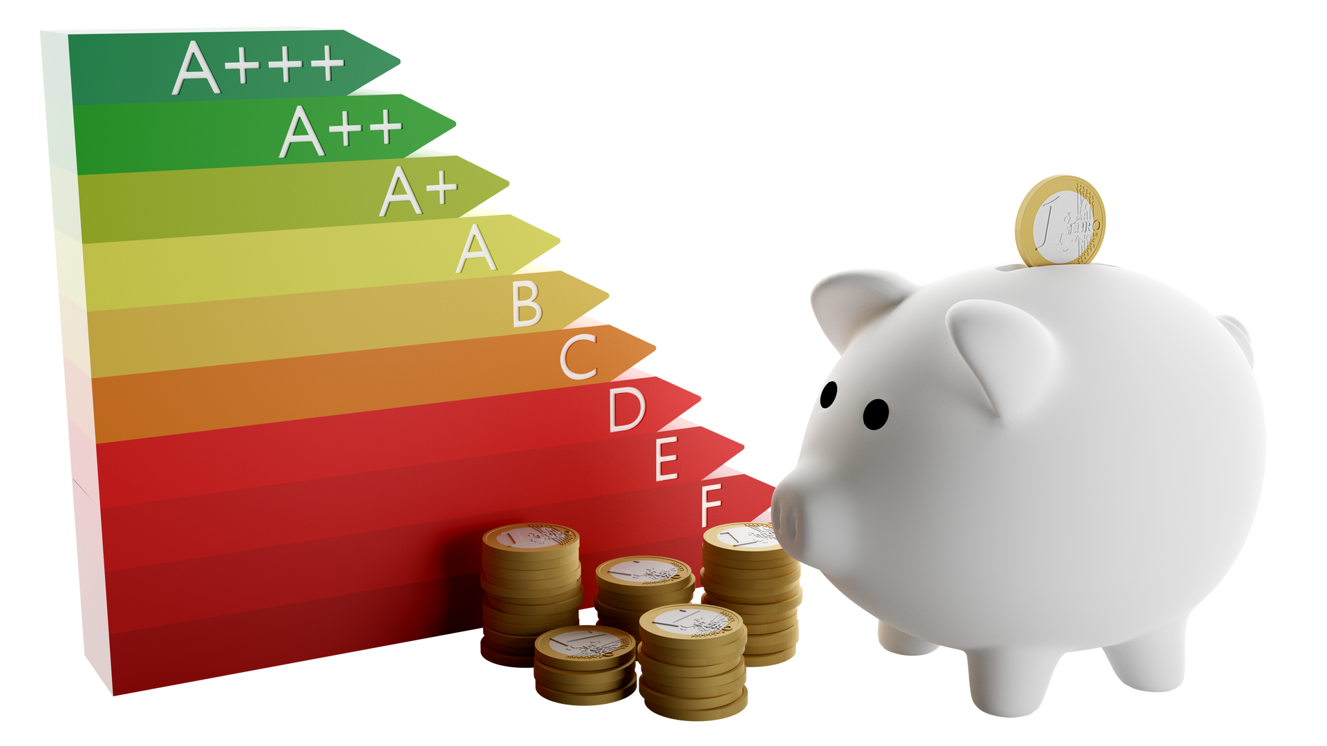 Étiquette d'efficacité énergétique à côté d'une tirelire remplie de pièces de monnaie.