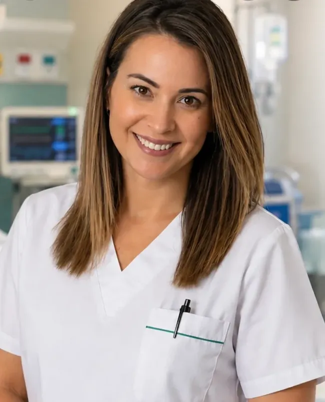 Trabajador sanitario sonriente con uniforme blanco en una habitación de hospital con equipo médico al fondo.