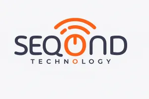 Logotipo de Seqond Technology, botón de encendido naranja con símbolo de wifi encima, nombre de la empresa en azul oscuro.