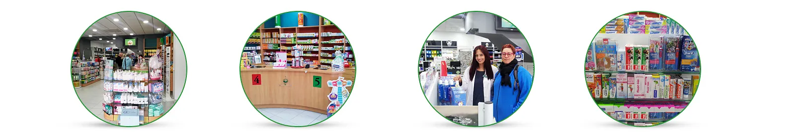 Un conjunto de cuatro círculos con diferentes imágenes de personas en una tienda.