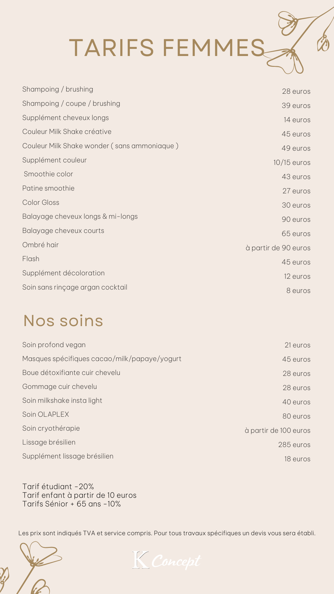 Tarifs prestations pour femmes