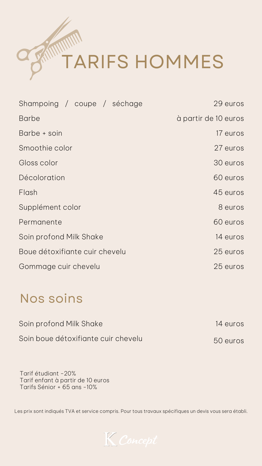 Tarifs prestations pour hommes