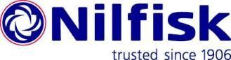 Logotipo de Nilfisk en azul, con emblema circular y el lema «trusted since 1906»