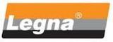 Logotipo de Legna en texto blanco en cursiva sobre un banner naranja, gris y negro