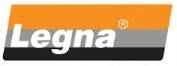 Logotipo de Legna en texto blanco en cursiva sobre un banner naranja, gris y negro