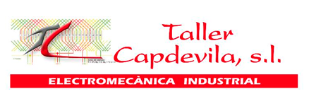 Logotipo de Taller Capdevila, s.l. con texto rojo y una banda con «Electromecánica Industrial» sobre fondo blanco