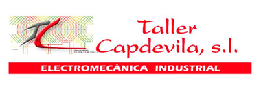 Logotipo de Taller Capdevila, s.l. con texto rojo y una banda con «Electromecánica Industrial» sobre fondo blanco